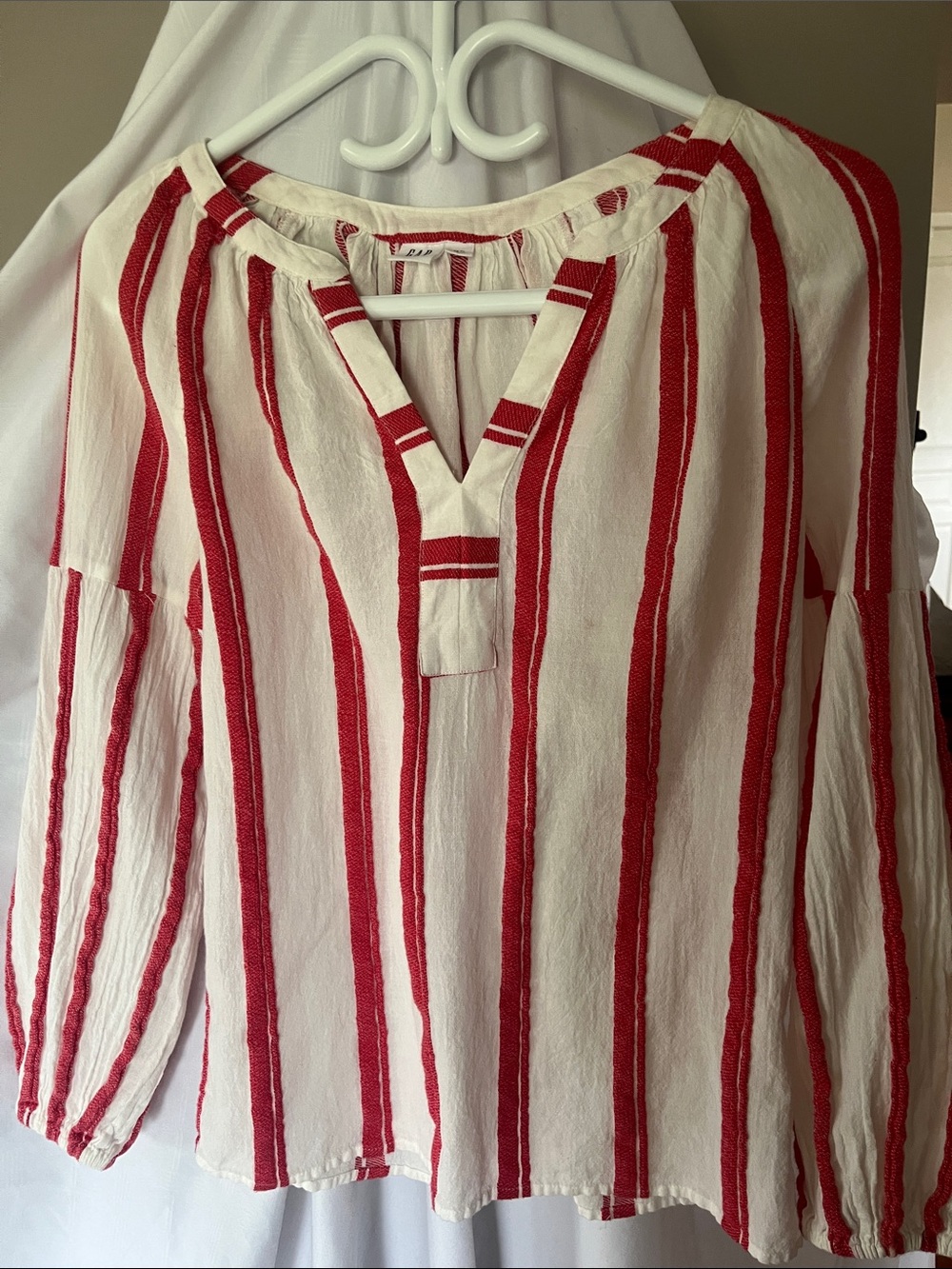 GAP Red and White Striped V-Neck Balloon Sleeve Blouse